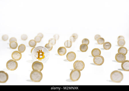 Abstract photo of cryptocyrrency. Some cryptocurrency coins in mans hand. Isolated on white background. Stock Photo