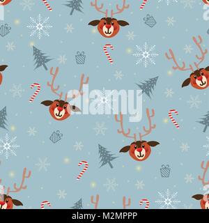 Vector illustration of Christmas pattern with cute reindeer, gifts, candy canes, blue trees and snowflakes on blue background. Stock Vector