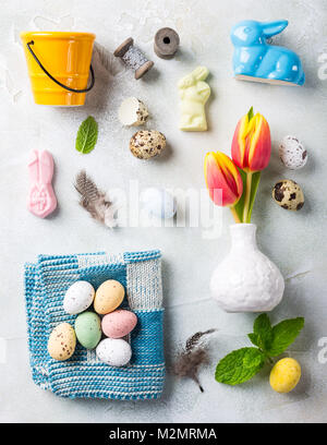 Easter flat lay with orange tulips Stock Photo