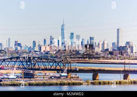 Kearny, USA - October 27, 2017: Industrial view of New Jersey with cityscape skyline of Manhattan, NYC, New York City Stock Photo