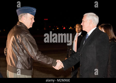 Lt. Gen. Jerry P. Martinez, Commander of United States Forces Japan greets  Vice President of the United States Michael R. Pence during his arrival at  Yokota Air Base, Japan, Feb. 6, 2018. While in Japan, Pence is expected to  visit Japanese officials including Prime Minister Shinzo Abe, meet with  troops, and address Yokota Air Base service members before heading to South  Korea for the Pyeongchang 2018 Winter Olympics. (U.S. Air Force photo by  Senior Airman Donald Hudson)