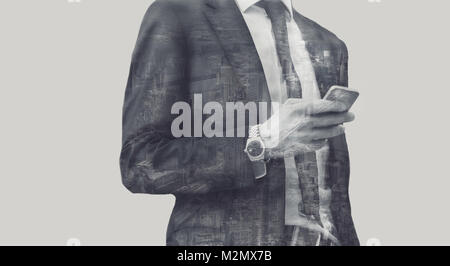 Success business man with arms crossed. Blue Toned Image. Stock Photo