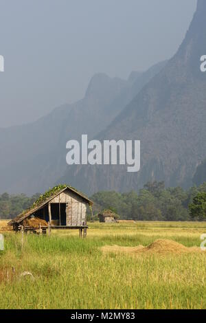 Small Rice Barn in a ricefield in a mountain region of Laos Stock Photo