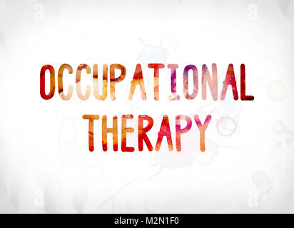 The words Occupational Therapy concept and theme painted in colorful watercolors on a white paper background. Stock Photo