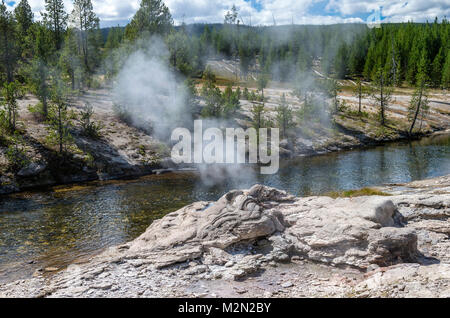 Mortar Geyser on the bank of the Firehole River in the Upper Geyser Basin.  Yellowstone National Park, Wyoming, USA Stock Photo