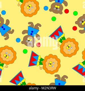 Seamless texture of bear and lion cub. Circus performance of bear and lion cub. Seamless pattern for kids cloth. Stock Vector