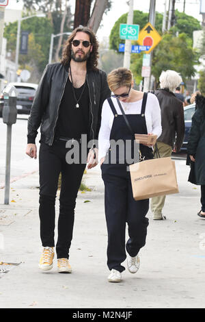 Russell Brand and his wife Laura leaving Gracias Madre in West Hollywood,  California. Featuring: Russell Brand, Laura Gallacher, Laura Brand Where:  West Hollywood, California, United States When: 07 Jan 2018 Credit: WENN.com