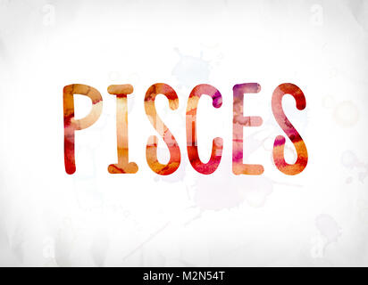 The word Pisces concept and theme painted in colorful watercolors on a white paper background. Stock Photo