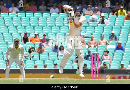 James Anderson blocks a ball from Mitchell Starc during the Fifth Test match in the 2017/18 Ashes Series between Australia and England at Sydney Cricket Ground in Sydney, Australia.  Featuring: James Anderson Where: Sydney, New South Wales, Australia When: 08 Jan 2018 Credit: WENN.com Stock Photo