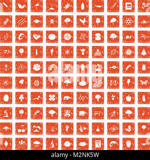 100 microbiology icons set grunge orange Stock Vector