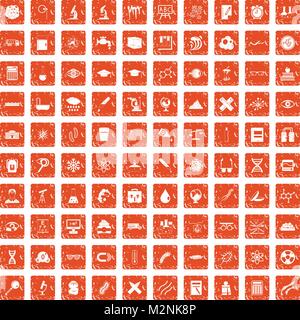 100 microscope icons set grunge orange Stock Vector