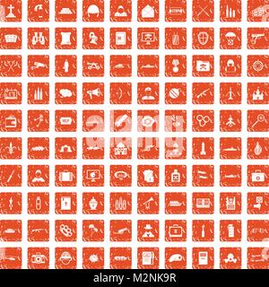 100 military icons set grunge orange Stock Vector