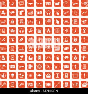 100 mobile icons set grunge orange Stock Vector