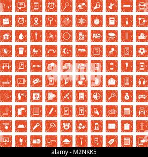 100 mobile app icons set grunge orange Stock Vector