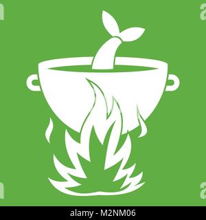 Fish soup on a fire icon green Stock Vector