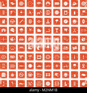 100 motorsport icons set grunge orange Stock Vector