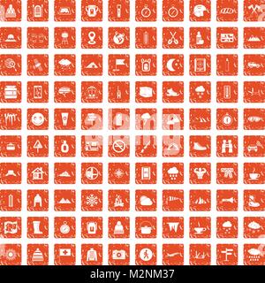 100 mountaineering icons set grunge orange Stock Vector