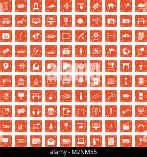 100 multimedia icons set grunge orange Stock Vector