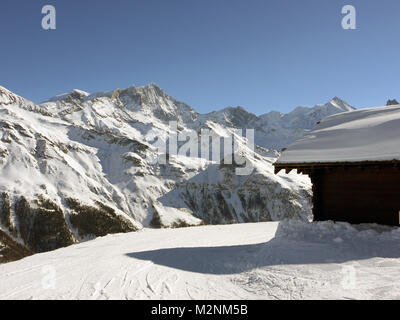 Winter scenes in the snowsports resort of Zinal in the Valais canton of Switzerland Stock Photo