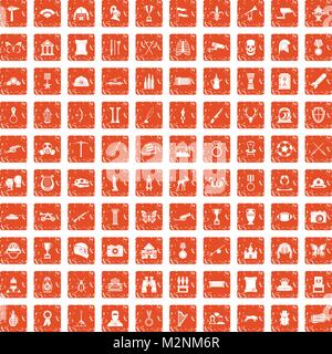 100 museum icons set grunge orange Stock Vector