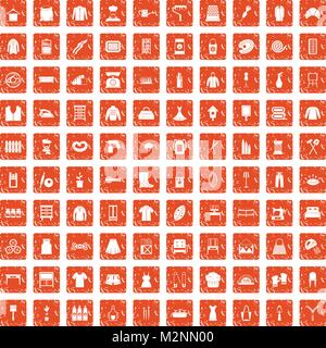 100 needlework icons set grunge orange Stock Vector