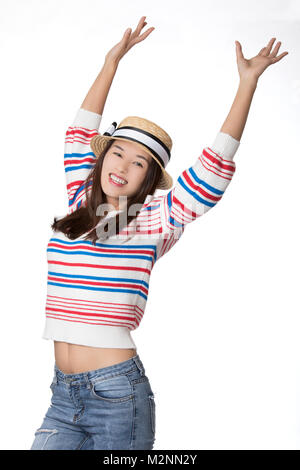 Portrait of a Beautiful Chinese American woman displaying a bit of attitude isolated on a white background Stock Photo