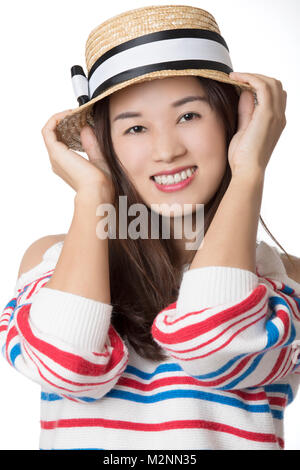 Portrait of a Beautiful Chinese American woman displaying a bit of attitude isolated on a white background Stock Photo