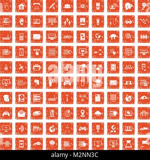100 network icons set grunge orange Stock Vector