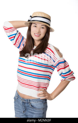 Portrait of a Beautiful Chinese American woman displaying a bit of attitude isolated on a white background Stock Photo