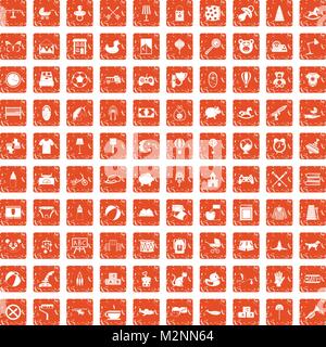 100 nursery icons set grunge orange Stock Vector