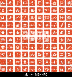 100 nursery school icons set grunge orange Stock Vector