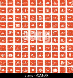 100 ocean icons set grunge orange Stock Vector