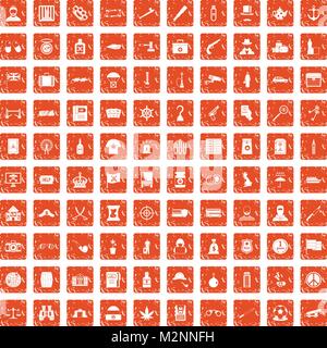 100 offence icons set grunge orange Stock Vector