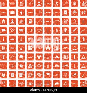 100 officer icons set grunge orange Stock Vector