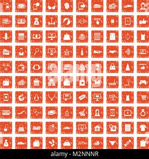100 online shopping icons set grunge orange Stock Vector