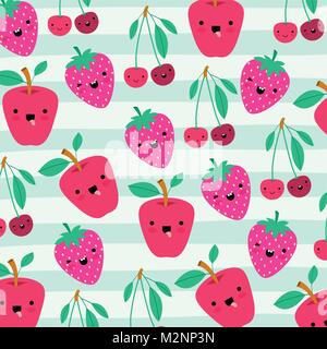apple cherries and strawberries kawaii fruits pattern set with face expression on decorative lines color background Stock Vector