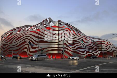 Los Angeles, CA / USA - June 17, 2016: evening view of the Petersen Auto Museum's 2015 redesign in LA's Fairfax District Stock Photo