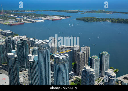 Elevated panoramic view Toronto Ontario Canada, busy downtown shoreline of Lake Ontario on a sunny summer weekend Stock Photo