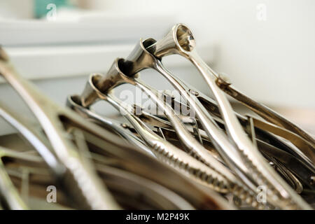 Medical instruments and tools equipment in the ENT doctor's office. otolaryngologist tool. Close up Stock Photo