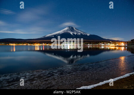 Mount Fuji at Iced Yamanaka Lake in Winter Stock Photo