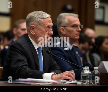 Secretary of Defense James N. Mattis and Vice Chairman of the Joint Chiefs of Staff Air Force Gen. Paul J. Selva testify on the National Defense Strategy and the Nuclear Posture Review to the House Armed Services Committee on Capitol Hill, Feb. 6, 2018. (DoD photo by Navy Mass Communication Specialist 1st Class Kathryn E. Holm) Stock Photo