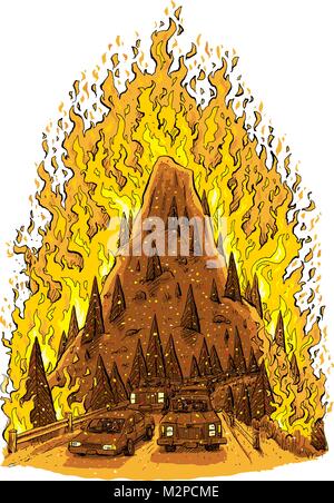 A cartoon of a raging forest fire consuming a mountain hill with a road full of evacuating cars in the foreground. Stock Vector