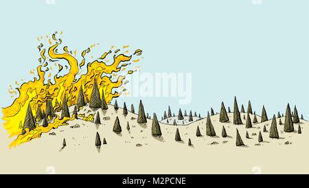 A cartoon of a fierce wildfire spreading over a dry, parched, drought-stricken landscape of evergreen trees on rolling hills. Stock Vector