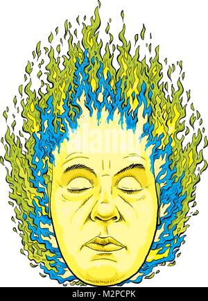 Green and blue magic fire burn brightly from the head of a mystical man. Stock Vector