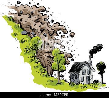 A sudden mudslide of dirt and rock falls towards a small house at the bottom of a hill. Stock Vector