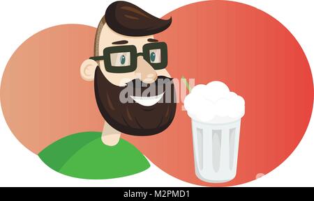 Man with beard in the form of hop vector illustration. Milk shake ads Stock Vector