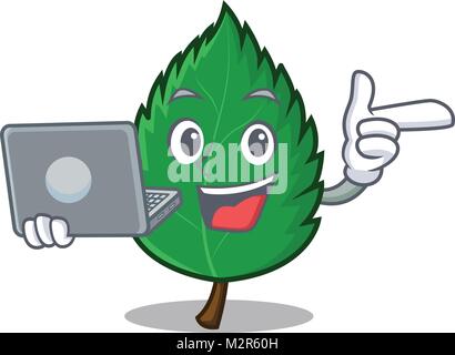 With laptop mint leaves character cartoon Stock Vector