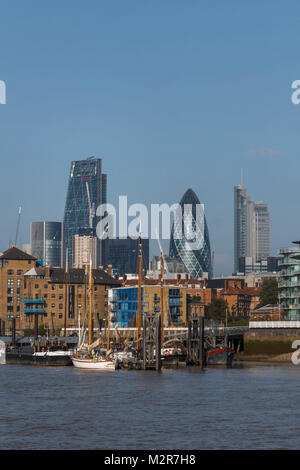 A view over the Thames with view to the skyline of London, England, Great Britain. Stock Photo