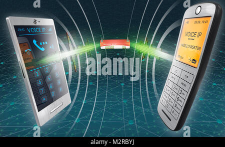 Smartphone, phone and router in front of turquoise-coloured Internet network, connection, two audio signals Stock Photo