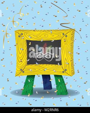 Carnival Mask on Chalkboard and Confetti. Chalkboard, confetti papers and background are in different layers. The text types do not need any font. Stock Vector